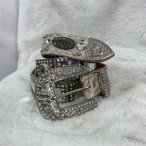 Wb.Atlas Rhinestone Studded bedazzled multi Mirror Cow Fur Belt